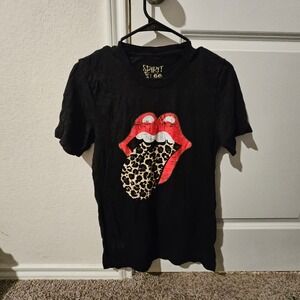 Spirit a Lee Black T-Shirt Lips Graphic Leopard Print Mens